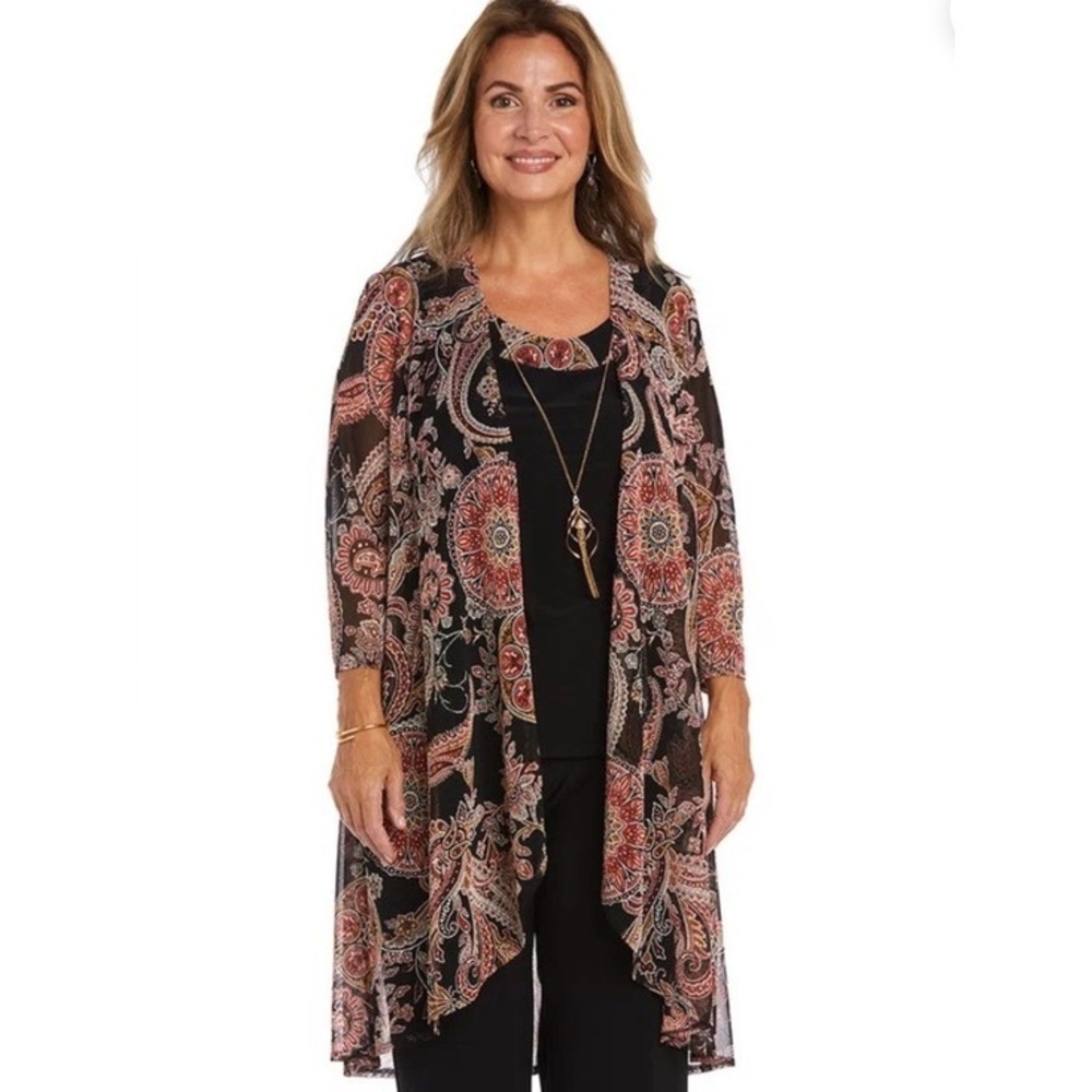 R&M‎ Richards 3-Piece Pant Set Women 16 Black Orange Paisley Blazer Top
